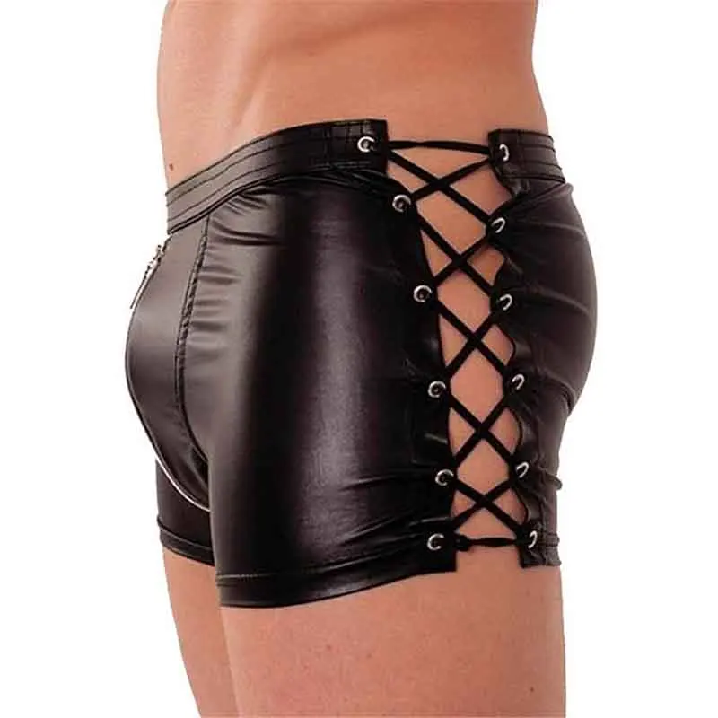 Sexy Men Black Faux PU Leather Latex Shorts Boxers Trunks Erotic PVC Underwear Male Panties Bondage  Lace-Up Gay Fetish Lingerie (2)