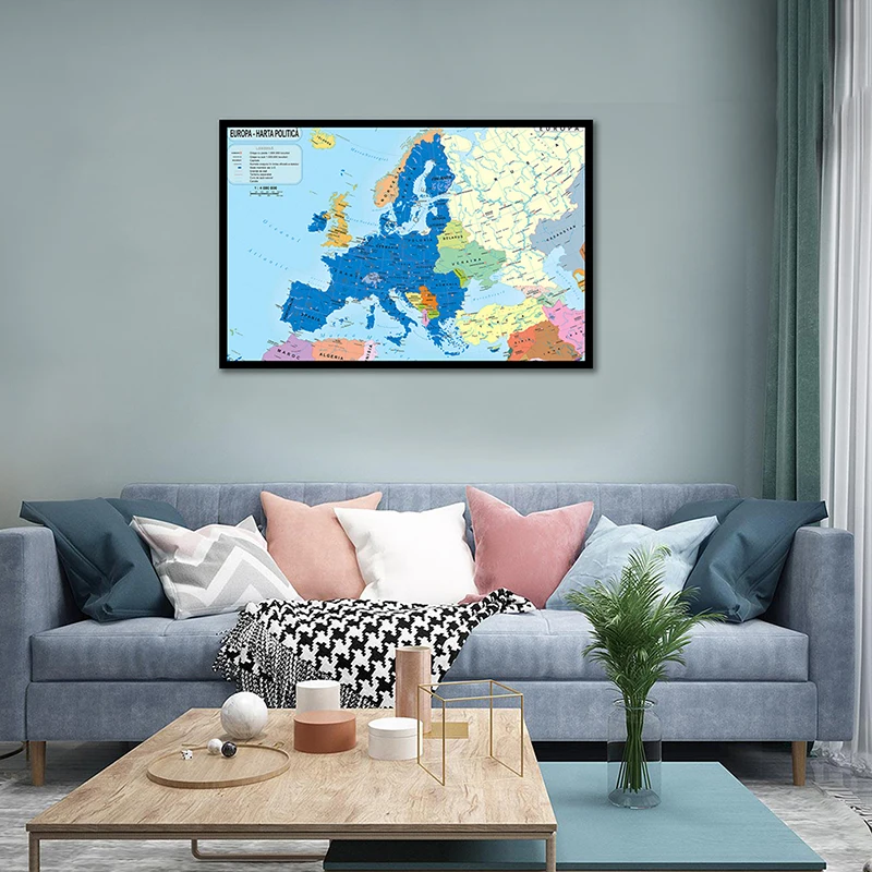 59x42cm Canvas Europe Map In Romanian Decorative Map of Europe Posters Bar Decoration Wall Sticker Room Home Office Supplies