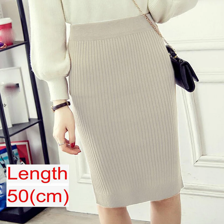Beige 50cm Вязанные женские юбки с высокой талией, весна, модная длинная Плиссированная юбка с поясом, повседневная женская черная длинная юбка - Цвет: Beige 50cm