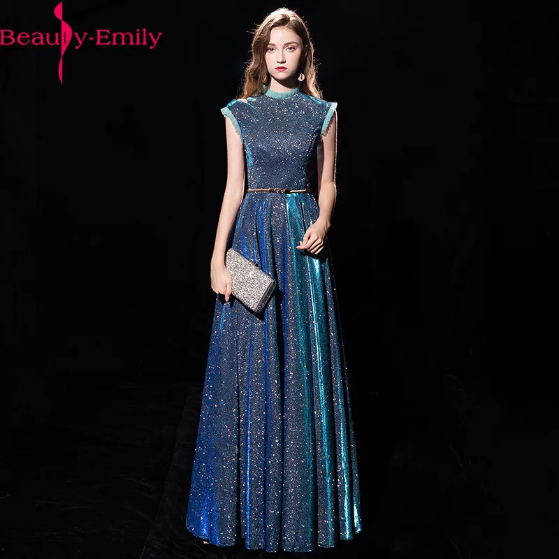 

Robe De Soiree Beauty Emily New Sexy High Neck Sleeveless Long Blue Evening Dresses 2019 Elegant Sequined Dresses with Sashes