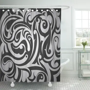 

Pattern Abstract Tribal Black Swirls Artistic Bathroom Curtain Waterproof Polyester Fabric 72 x 78 inches Set with Hooks
