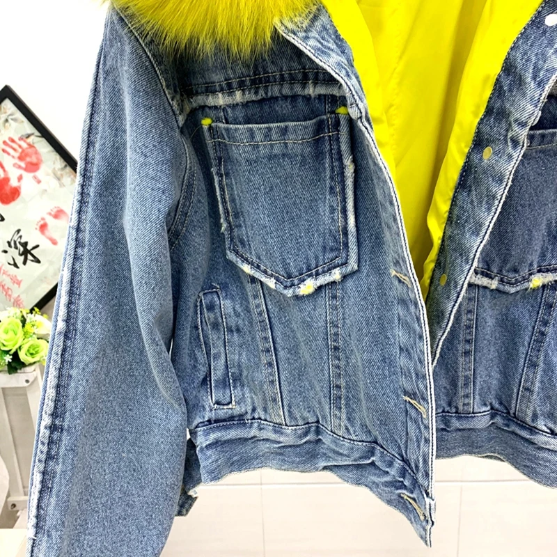 Новая зимняя Модная Джинсовая куртка из натурального Лисьего меха, женская желтая короткая джинсовая куртка с меховым воротником, женское плотное пальто, хлопковая куртка