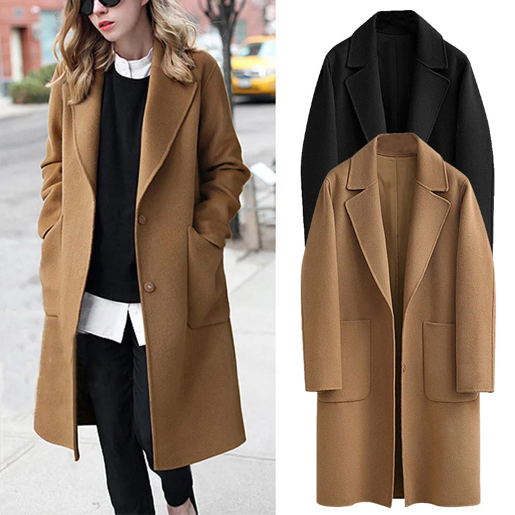 

Womens Winter Lapel Button Long Brown Coat Jacket Ladies Overcoat Outwear British style Solid Wool Blend Trench Outwear Overcoat