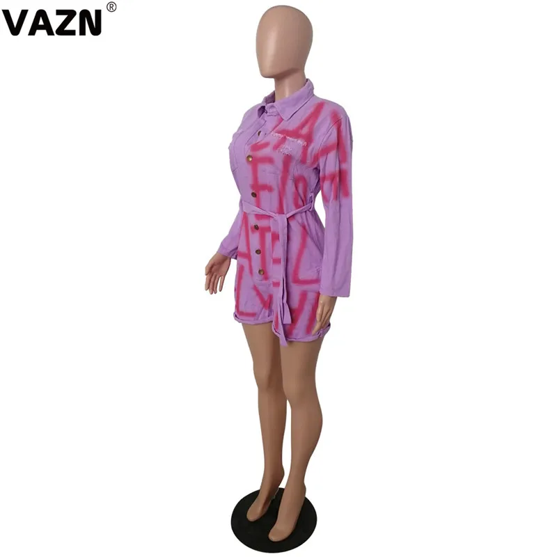 VAZN YM-8461, возраст, Повседневная мода, с буквенным принтом, длинный рукав, со шнуровкой, прямые, с воротником поло, женские мини джинсовые комбинезоны