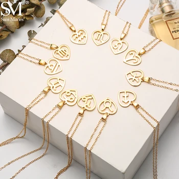 

12 Constellation Pendant Choker Necklace Heart Shape Hollow Zodiac Sign Statement Clavicle Chain Necklace Unisex Jewelry