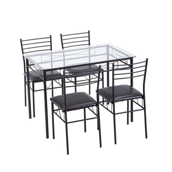 

[110 x 70 x 76cm] Iron Glass Dining Table and Chairs Black One Table and Four Chairs PU Cushion