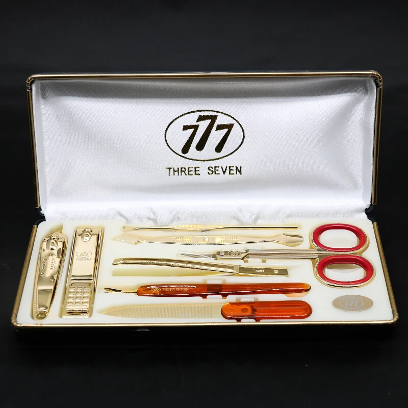 THREE SEVEN/777 클래식 럭셔리 손톱깎이 트리머 키트, 14K 금도금 귀이개, 네일 파일, 눈썹 클립, 8 in 1 네일 아트 및 도구