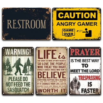 

BEWARE WARNING SASQUATCH Metal Tin Sign CAUTION TOOL RULERS Vintage Iron Painting Decor RESTROOM DOOR Signs
