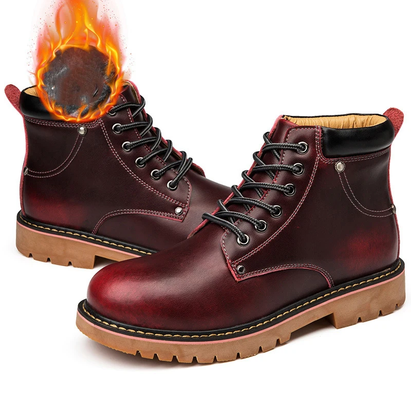 Red plus velvet Модные брендовые дизайнерские ботинки martin на осень и зиму; мужские повседневные кожаные ботинки в стиле ретро; уличные рабочие ботинки - Цвет: Red plus velvet
