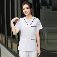 

Women Scrub Set Fashion Nursing Uniform Short Sleeve Doctor Workwear V Neck Scrub Top Dentistry Scrub Pants Cotton Surgical Suit