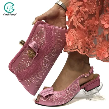 

High Quality Lady Sandals Wedding Shoes and Bag Set 2019 Pink Color Italian design Shoe Bag Set Decorated with Rhinestone
