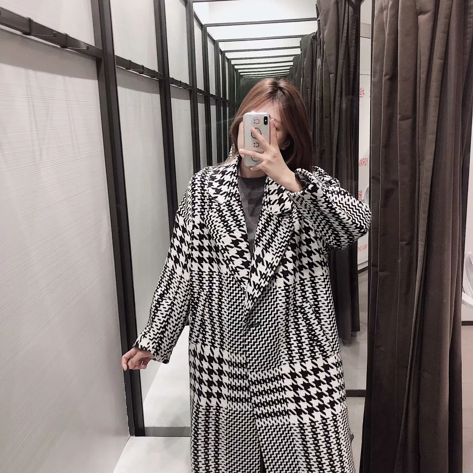 

Western Style Autumn & Winter Women's Korean-style Thousands of Birds Loose-Fit Overcoat Long One-Button Coat WOMEN'S Dress