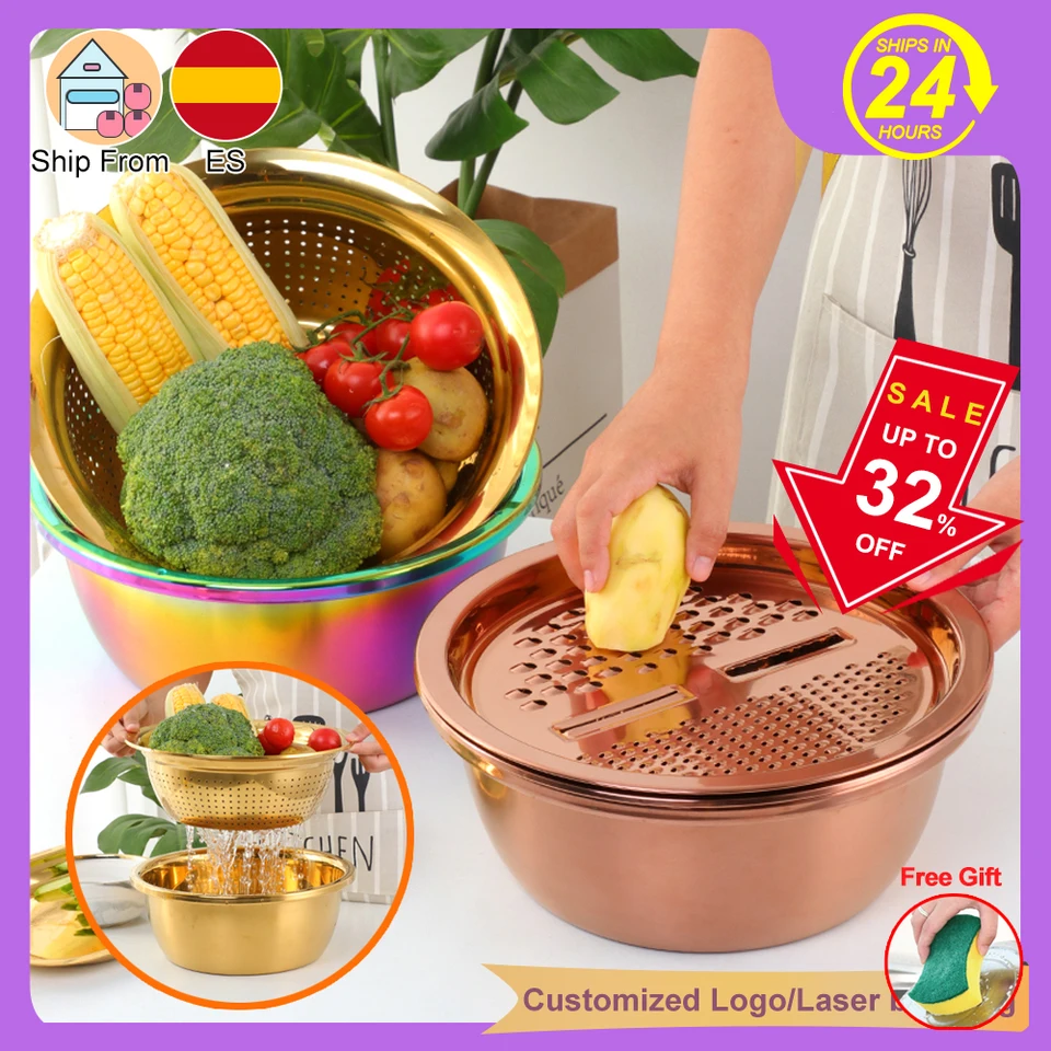 Metallsieb-Set Aus Edelstahl, 3 Größen (19/22/24 Cm) – Goldfarben, 6-teilig, Für Reis, Gemüse & Obst