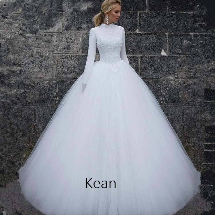 

White Muslim Wedding Dresses High neck Full Sleeve Lace Vestido De Noiva Dubai Arabic Wedding Gown Bride Dress Robe De Mariee