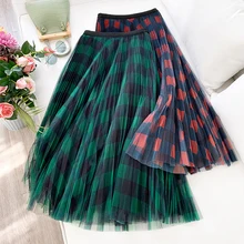 Клетчатая длинная Плиссированная Тюлевая юбка для женщин весна лето Женская Корейская Красная Зеленая черная высокая Талия Макси юбка для женщин