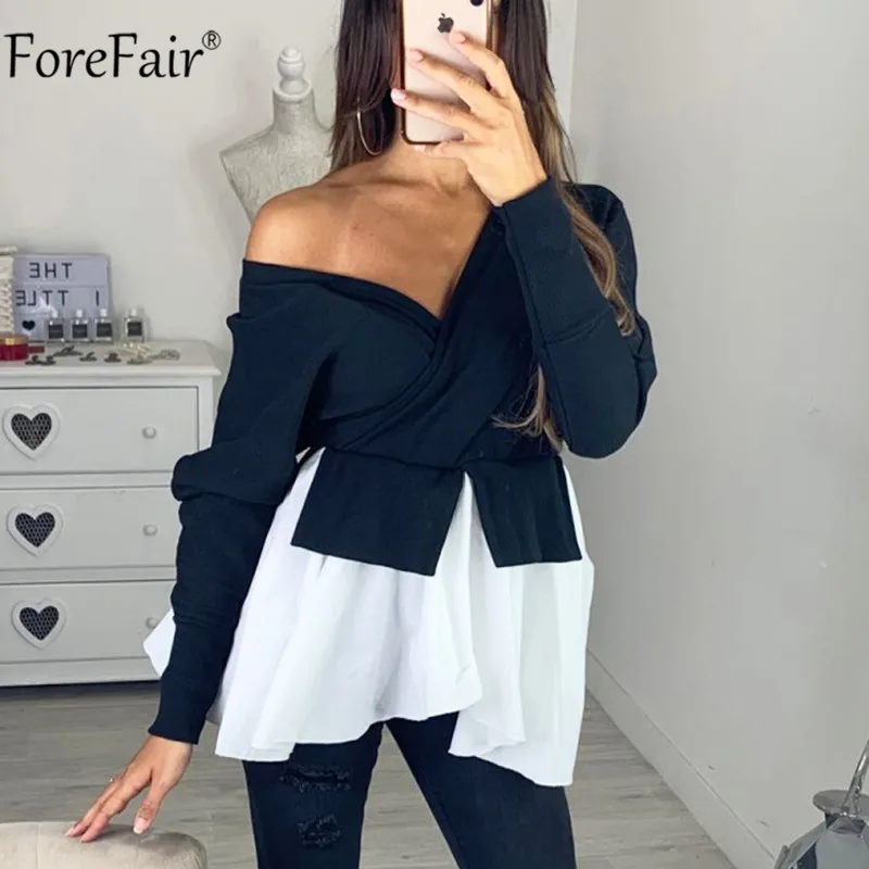 Forefair V Neck Patchwork Women Office Blouse Off Shoulder Sexy Spring Tops Autumn Ladies Black 2020 Elegant Shirt Casual | Женская