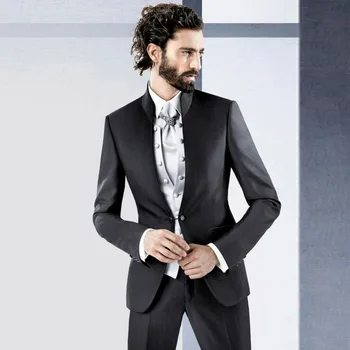 

Italian Men Suits Black Blazer Stand Collor 3 pieces Prom Party Tuxedo Groom Suits for Wedding Costume Homme Terno Masculino