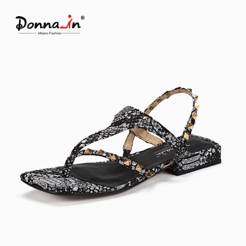 

Donna-in 2020 Summer Shoes Women Sandals Snake Print Rivet Low Heels Flip Flops women Genuine Leather Back Strap Fashion zapatos