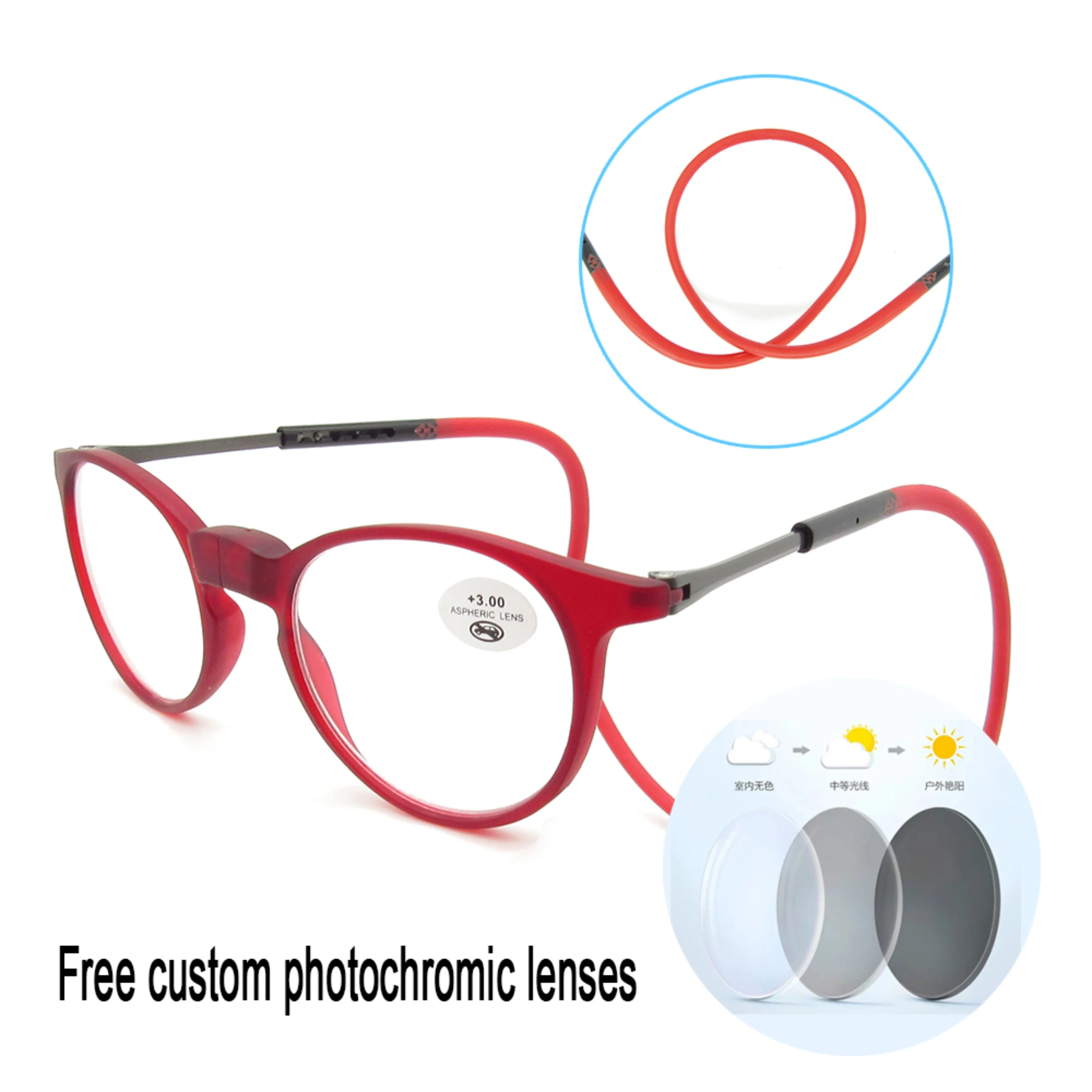 

New Round Adjustable Red Rope Hanging Neck Magnetic Front presbyopic glasses Upgraded Unisex Magnet Reading Glasses Men Women