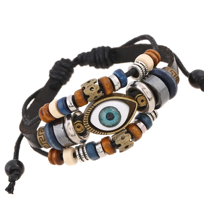 

2019 Multilayer Bracelet Men Casual Fashion Eye Braided Leather Bracelets for Women Wood Bead Bracelet Punk Rock Men Jewelry