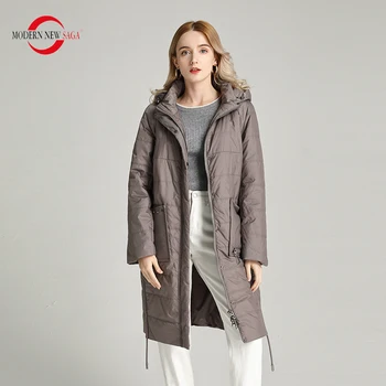

MODERN NEW SAGA 2020 Spring Women Coat Cotton Padded Jacket Hooded Autumn Women Long Coat Parka Windproof Zipper Plus Size Women