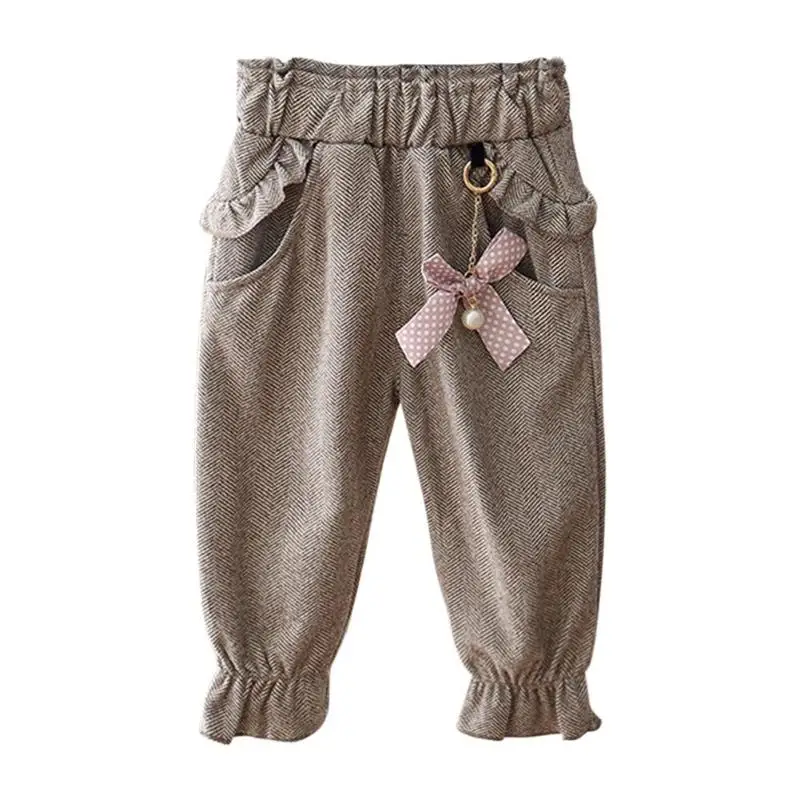 Kids Girl Spring Cotton Trousers Sweet Cute Bow Ruffle Solid Color Pants - Color: 02