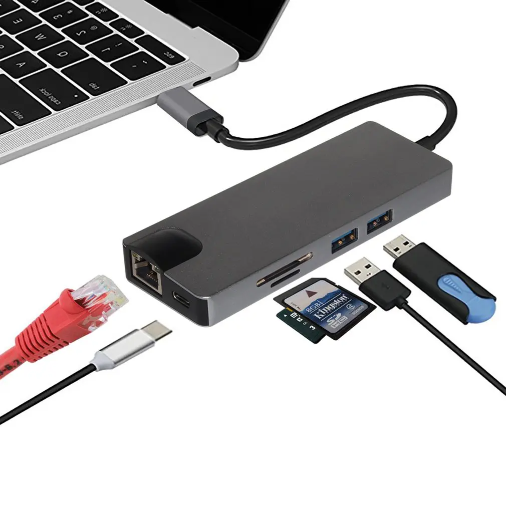 

8 In 1 Type C to 2USB SD Micro SD LAN VGA HDMI USBC Adapter Hub Extend PD Charge Dock 1000 Mbps Rj45 OTG Display