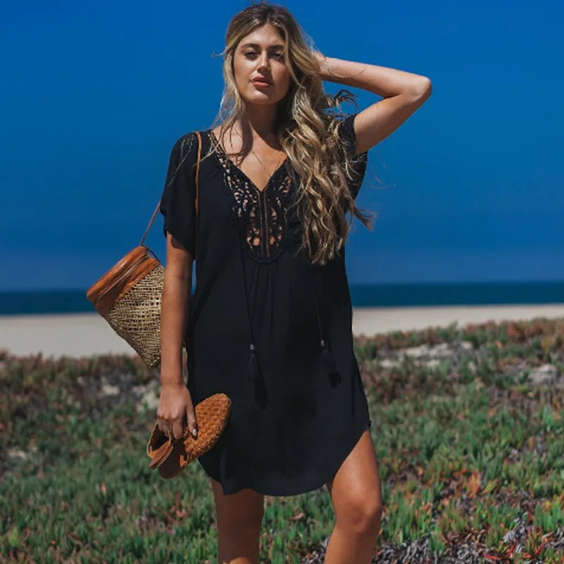 FORERUN Beach Dress Tunic Women Black Short Sleeve Crochet Casual Vestidos De Playa Summer Bathing Suit Cover Ups