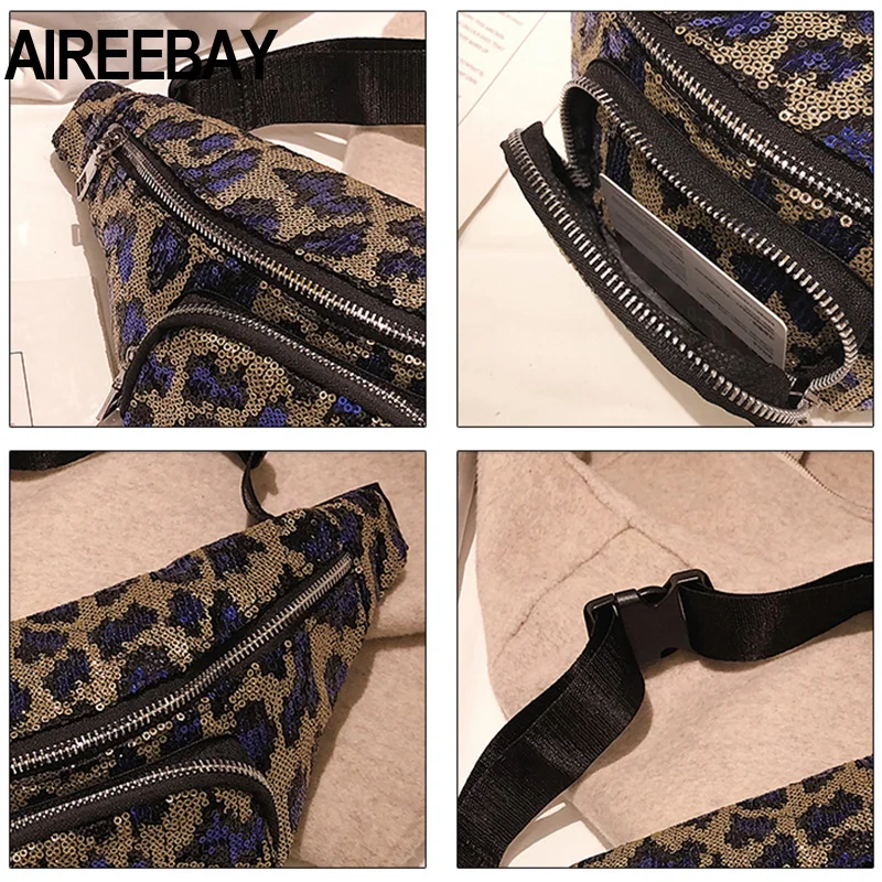 AIREEBAY Новая мода блесток Леопард грудь поясная сумка для женщин поясная сумка в Корейском стиле поясные сумки люксовый бренд девушки телефон сумка