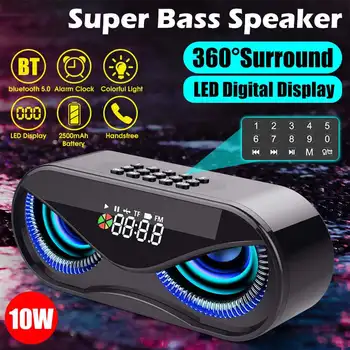 

10W Owl Style bluetooth 5.0 Portable Wireless Speaker Alarm Clock LED Flash Hands-free/USB/TF Card/AUX/FM Bass Smart Display