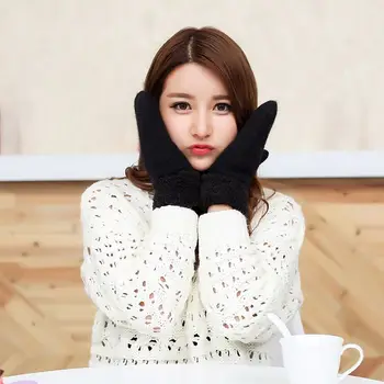 

Gloves Women Winter Fashion Women Double Thicken Solid Color Flanging Gloves Extra Thick Rabbit Wool Warm Gloves