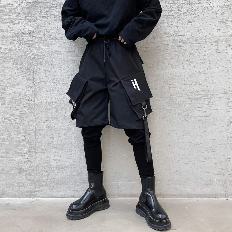 Fake Two Piece Hip Hop Cargo Pants Men‘s Embroidery Drawstring Joggers Ribbon Multi Pockets Techwear Harem Pants 3