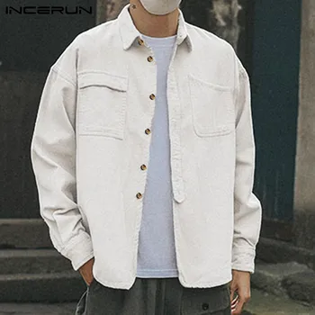 

INCERUN Fashion Men Solid Long Sleeve Corduroy Casual Shirt Jackets Literary Fresh Lapel Button Baggy Mens Blouse Streetwear