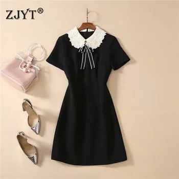 

Runway Dress Designers 2020 Women High Quality Fashion Spring Summer Clothes Short Sleeve Beading Embroidery Collar Solid Dress