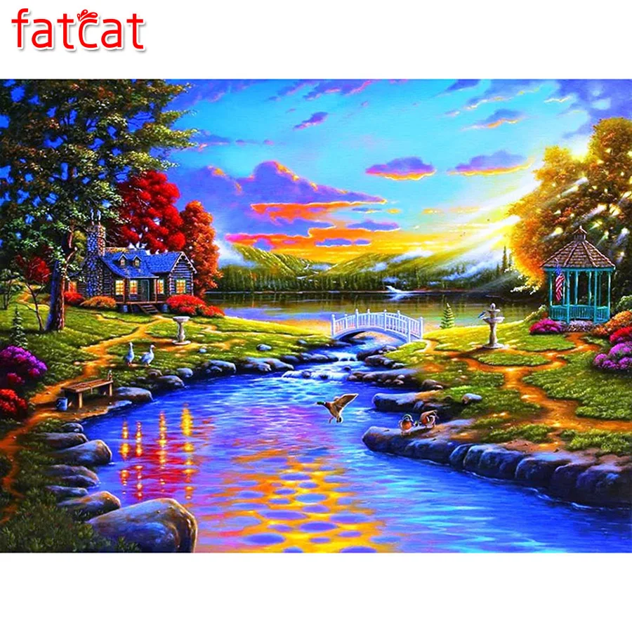 diamond painting full square round Mosaic River sunset landscape Cross Stitch Rhinestone with embroidery Wedding room decoration