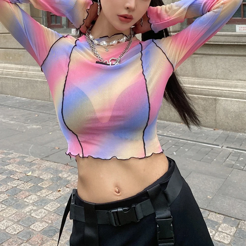 

E-Girl Long Sleeve Crop Tops T Shirts See-through Rainbow Printed Ruffles Mesh Tops Turtleneck Tshirt Y2k Aesthetic Streetwear