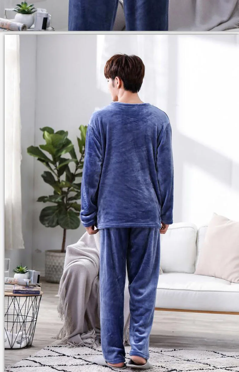 Coral Fleece Pajamas Men's Winter Thickening and Velvet Warm Pajamas Autumn and Winter Men's Flannel Home Service Set Sleepwear mens silk pajama set