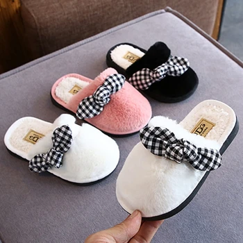 

Winter Children Slippers Boys Girls Cute Bow Solid Color Soft Bottom Indoor Outdoor Warm Home Cotton Shoes Winter