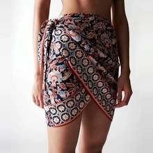 WXWT Za 2021 Women Boho Style Positioning Print Skirts Faldas Mujer Knot Decoration Female High Street Mini Skirt BB1529