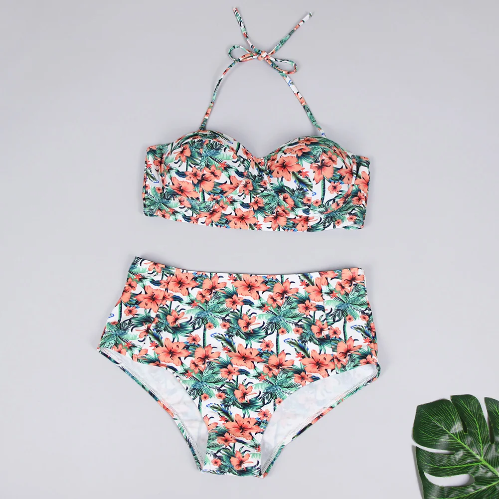 

Retro Sexy High Waist Beach Casual Swimwear Vintage Bathing Women Push Up Bikini Set Split Swimsuit Charming Floral Print