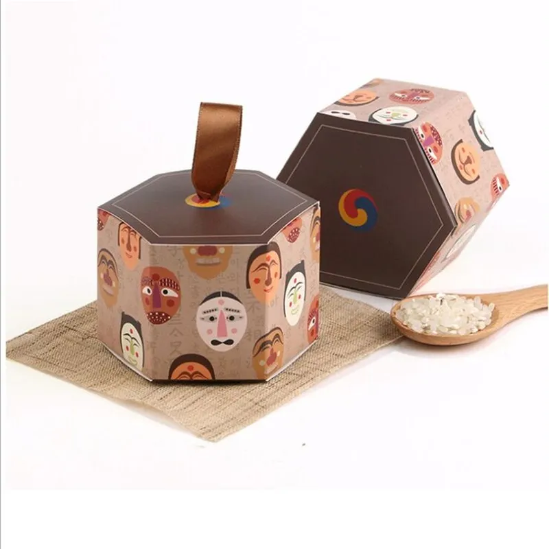 

Korean packaging folding paper candy box diy 7.5x7.5x5.5cm 10pcs cute and humor spot paper hexagon creative gift box logo custom