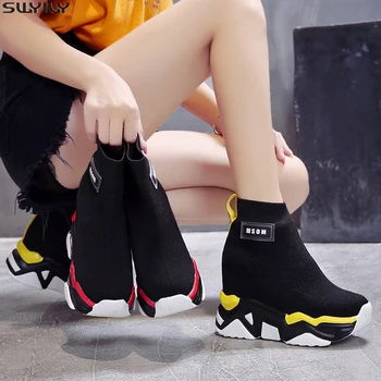 

SWYIVY Mesh Wedge Shoes Woman Platform Boots Ladies New Solid 2019 Autumn Slip On Ankle Boots For Women Round Toe Female Shoes
