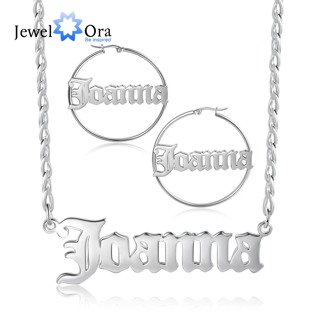 

JewelOra Personalized Name Necklace Earrings Set Custom Nameplate & Circle Hoop Earrings Stainless Steel Jewelry Sets for Women