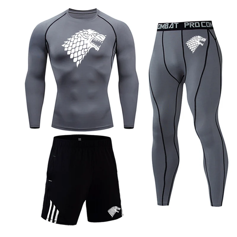 Мужской компрессионный спортивный костюм, быстрое высыхание пота, фитнес-тренировочный комплект ММА, Рашгард, мужская спортивная одежда для бега - Цвет: 3 pieces