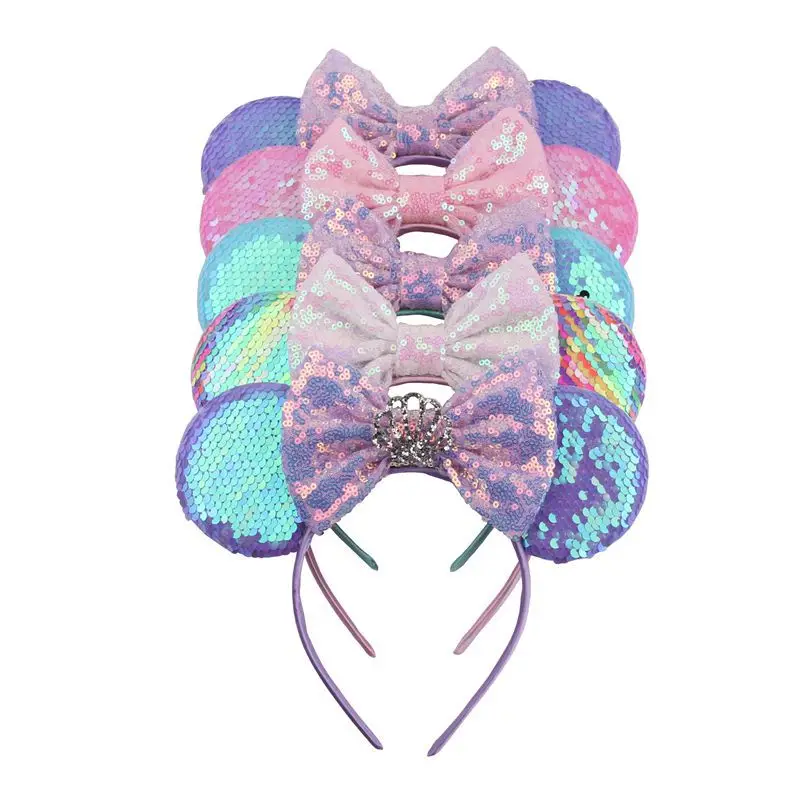 New Fashion Minnie Ｍouse Ears Headband for Girls Hair Bows Christmas Headwear Cute Sequins Bows with Crown Hair Accessories