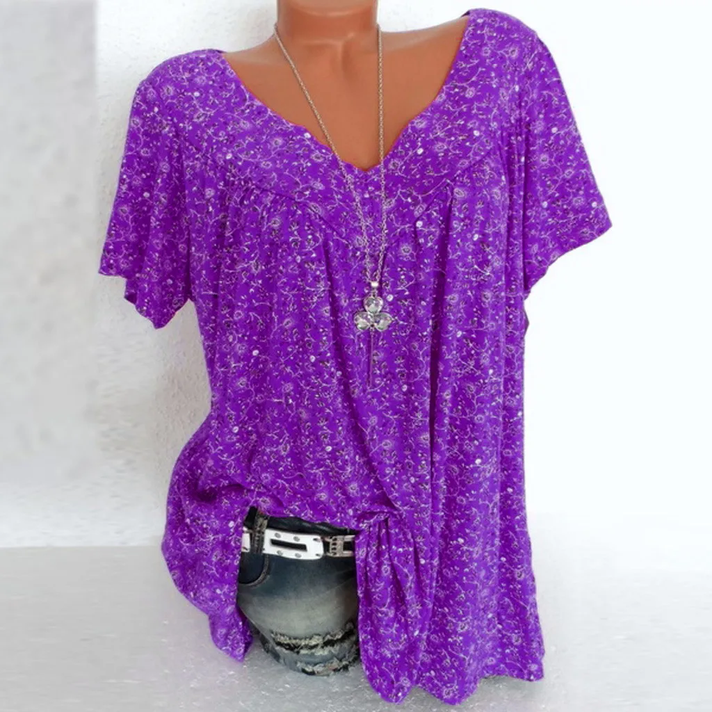 

Women Plus Size Short Sleeves V-Neck Print Blouse Pullover Tops Shirt Stylish Fashion Popular Elements Vintage chemisier femme