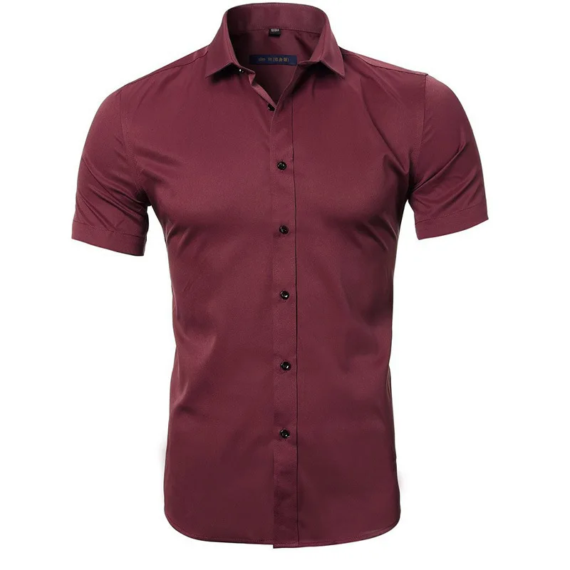 Gray Elastic Bamboo Fiber Shirt Men Brand Summer Short Sleeve Mens Dress Shirts Non Iron Easy Care Business Work Chemise Homme 5