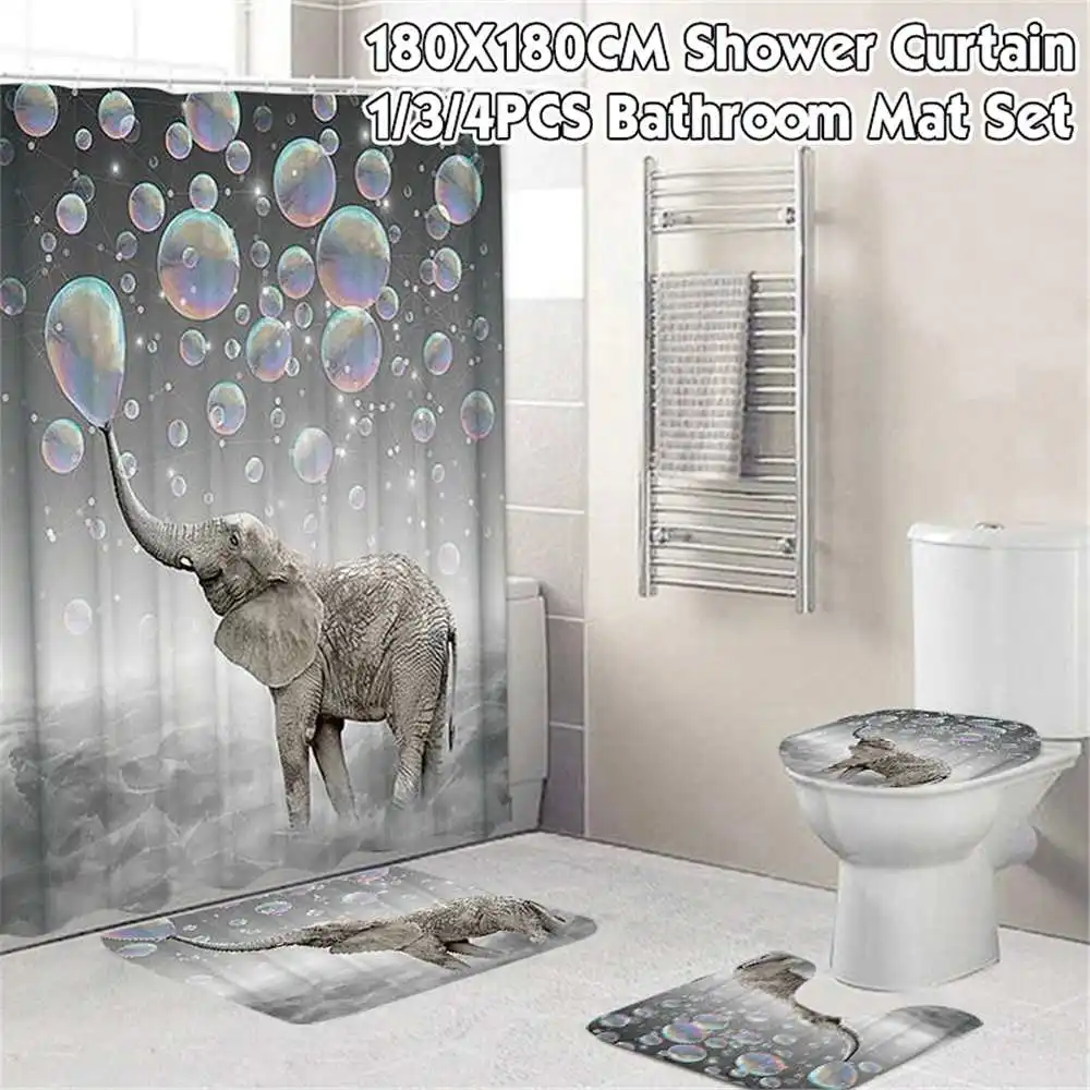 1/3/4Pcs Shower Curtain Set Waterproof Non-slip Bath Mat Rug Toilet Lid Cover 