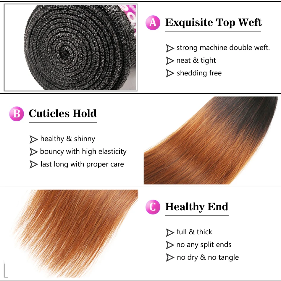 Racily Hair T1B/30, перуанские прямые волосы Remy, человеческие волосы, 3/4 пряди с закрытием, коричневые волосы с эффектом омбре, вплетаемые пряди с закрытием