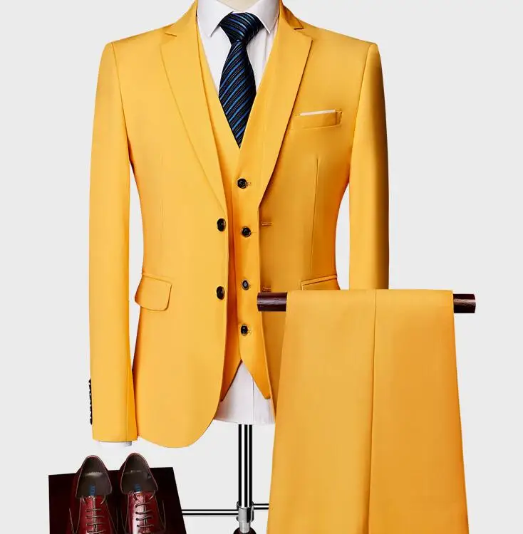 Jacket+ Pant / New Men Business Slim Suits Sets Wedding Dress Three-piece Suit Blazers Coat Trousers Waistcoat M-6XL - Color: Yellow